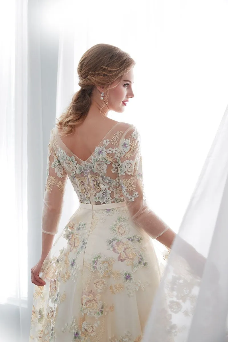 A Line Floor Length Floral Prom Dresses 3/4 Sleeves A-line Empire Waist Long Evening Gowns UQ2277