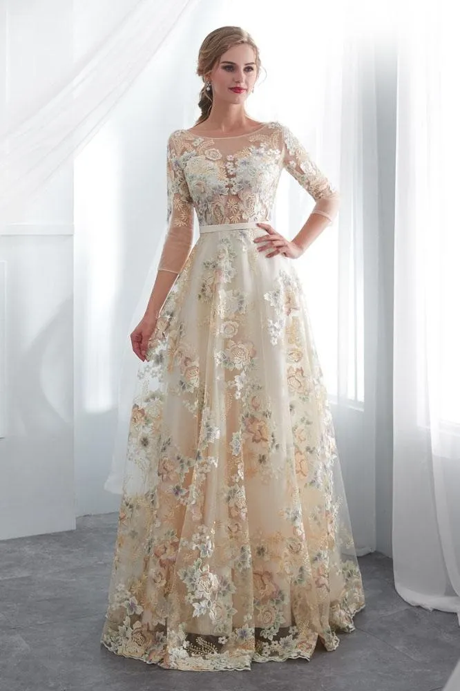 A Line Floor Length Floral Prom Dresses 3/4 Sleeves A-line Empire Waist Long Evening Gowns UQ2277