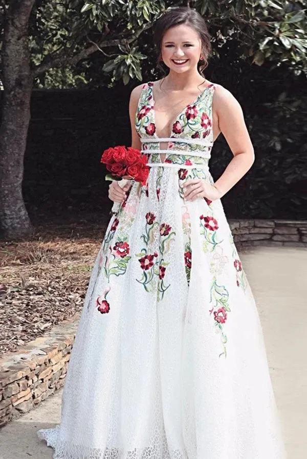 A Line V Neck Ivory Lace Prom Dresses with Flowers, Long Party Dresses with Appliques UQP0001