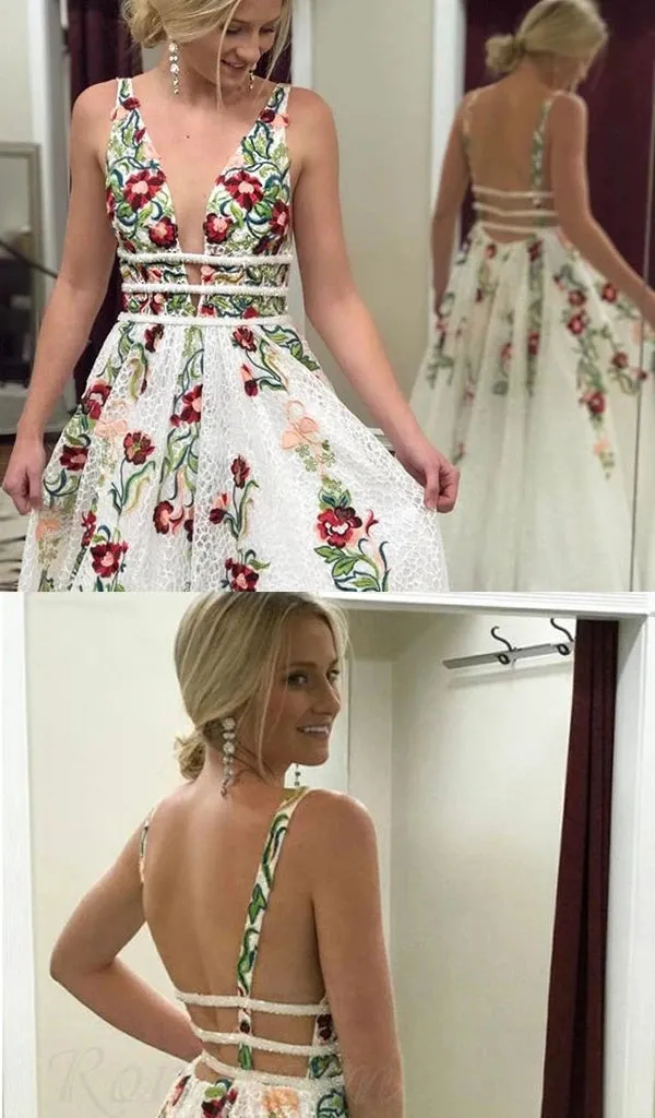 A Line V Neck Ivory Lace Prom Dresses with Flowers, Long Party Dresses with Appliques UQP0001