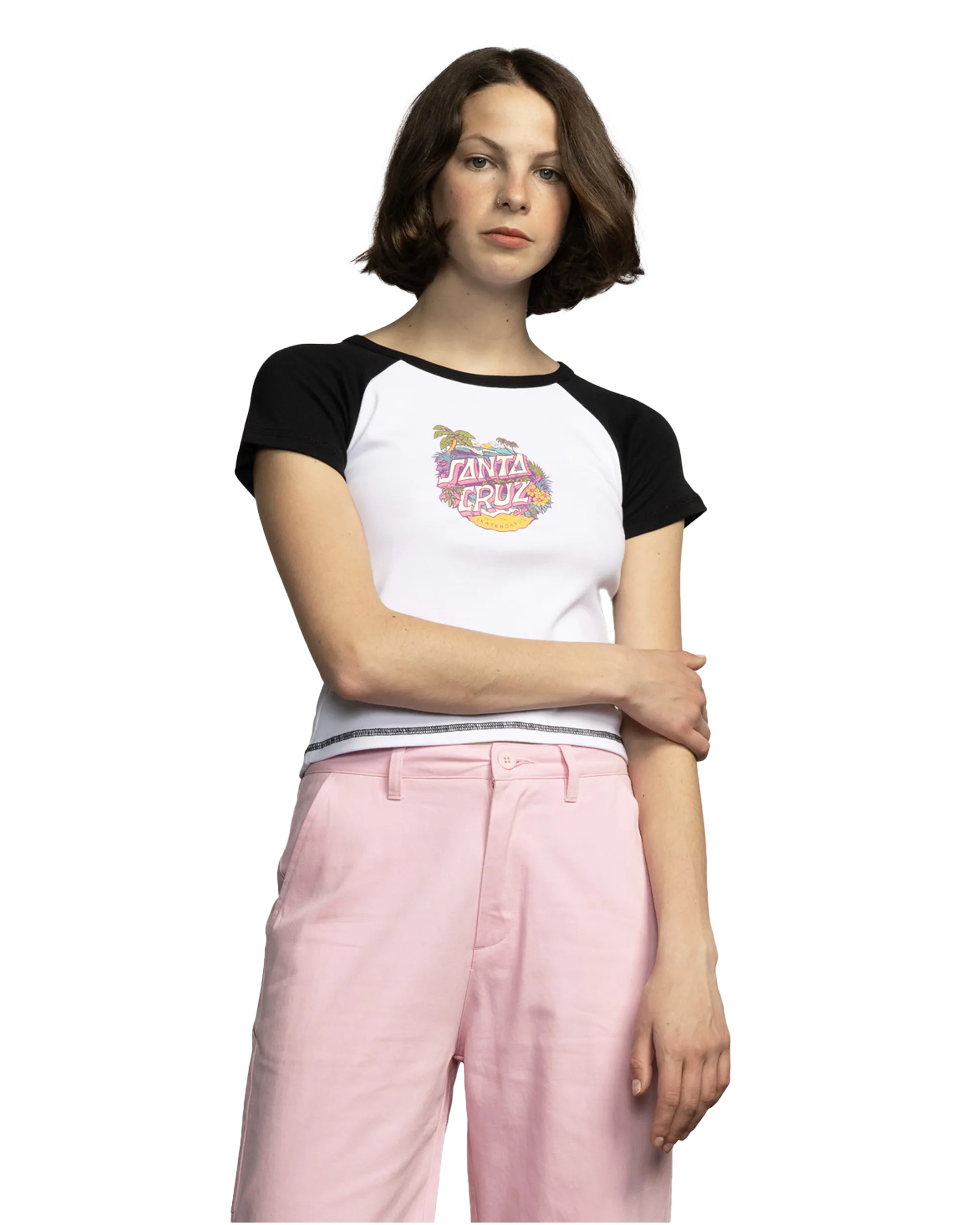Aloha Dot Front Raglan T-Shirt in White & Black