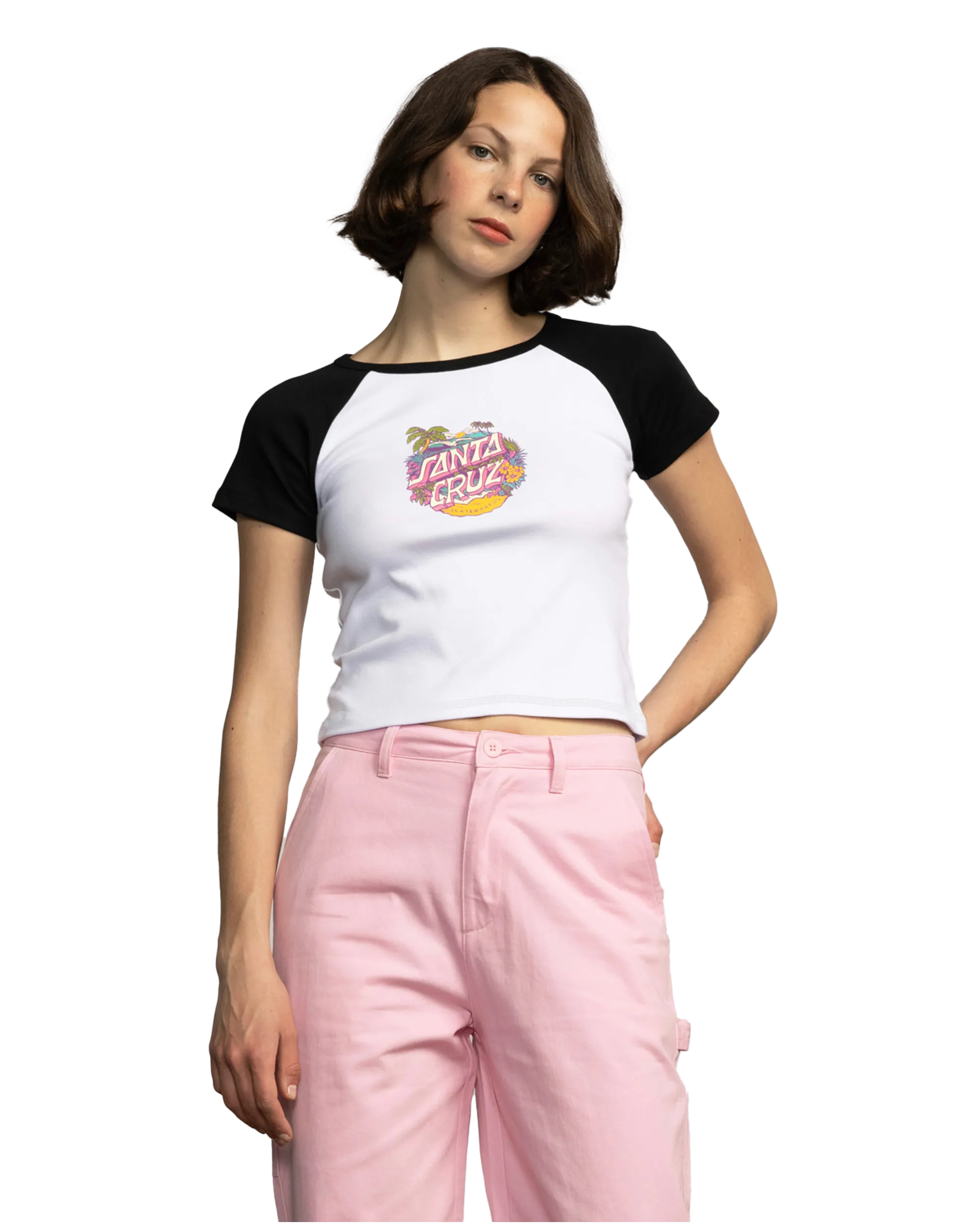 Aloha Dot Front Raglan T-Shirt in White & Black