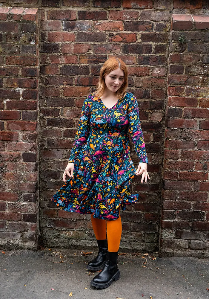 Bronya Multicoloured Dinosaur Print Tiered Hem Cotton Dress