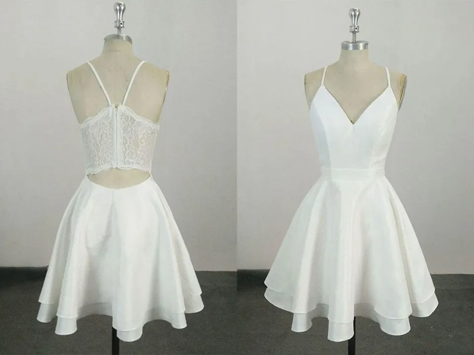 Cute Spaghetti Straps V Neck Knee Length Short Cocktail Dress, Homecoming Dresses