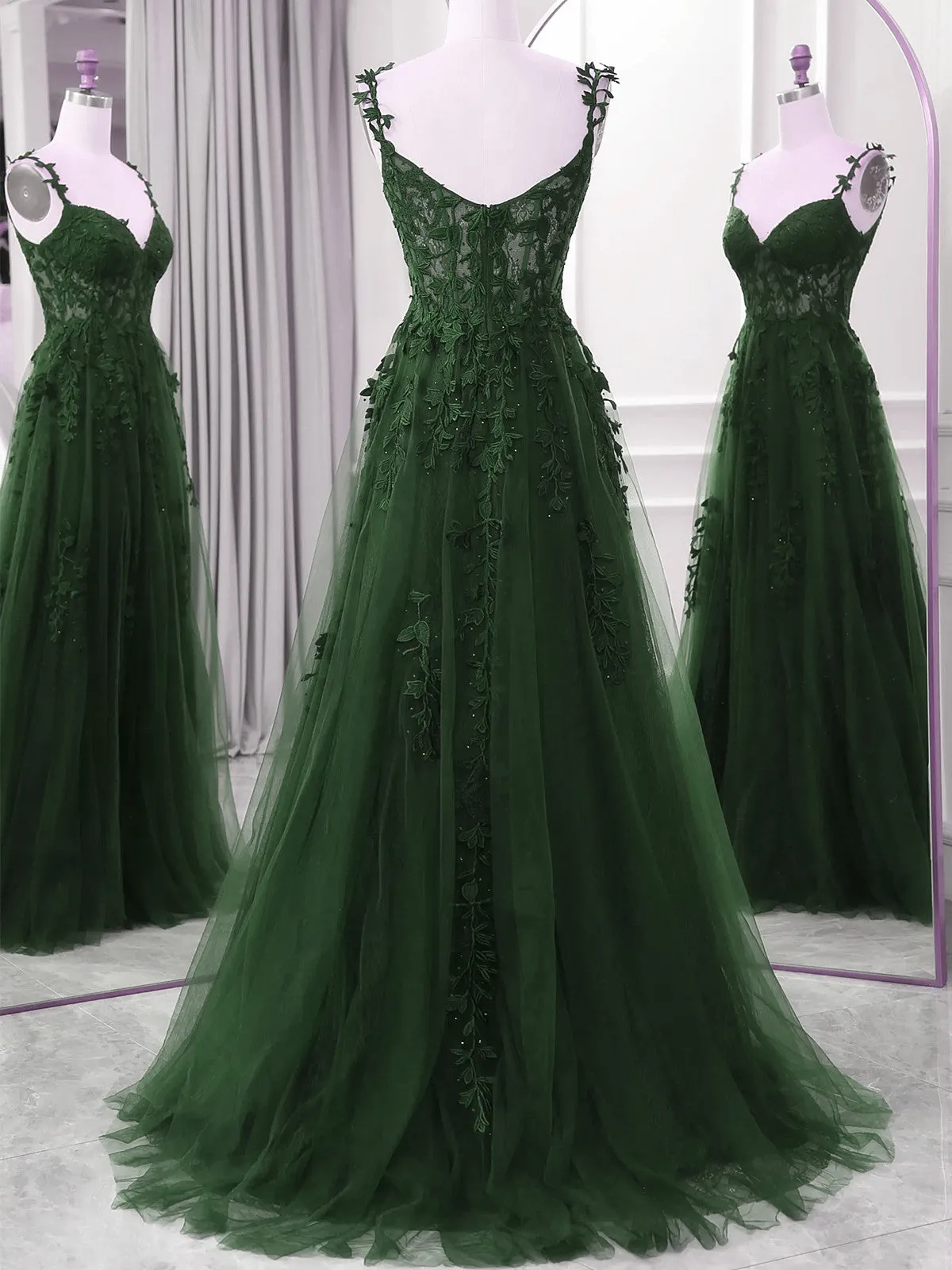 Green A-line Tulle with Lace Straps Floor Length Party Dress, Green Tulle Prom Dress