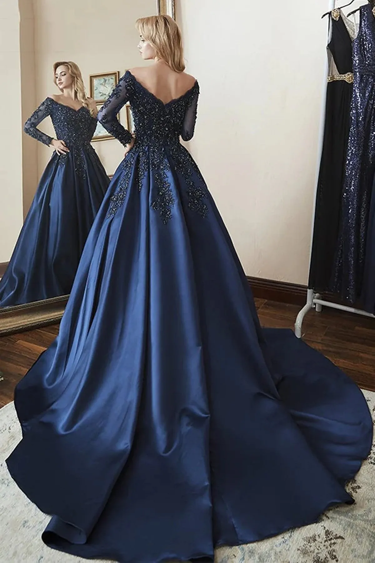 Navy Blue Satin V-neckline Party Dress, Navy Blue Sweet 16 Dress