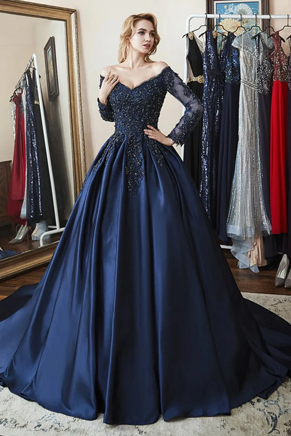 Navy Blue Satin V-neckline Party Dress, Navy Blue Sweet 16 Dress