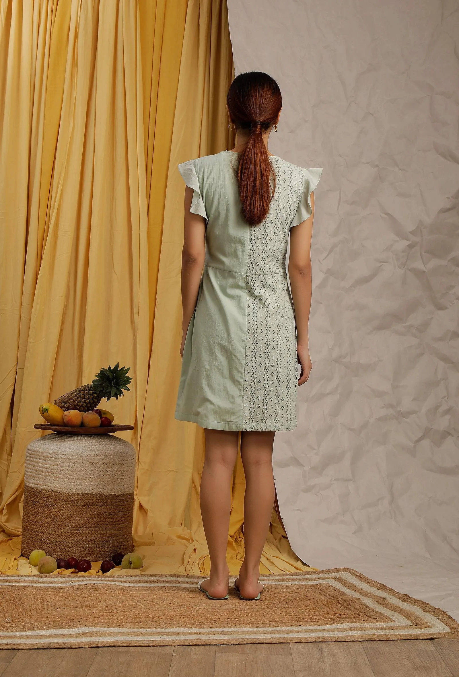 Pista Green Cotton Schiffli Front Buttoned Skater Dress