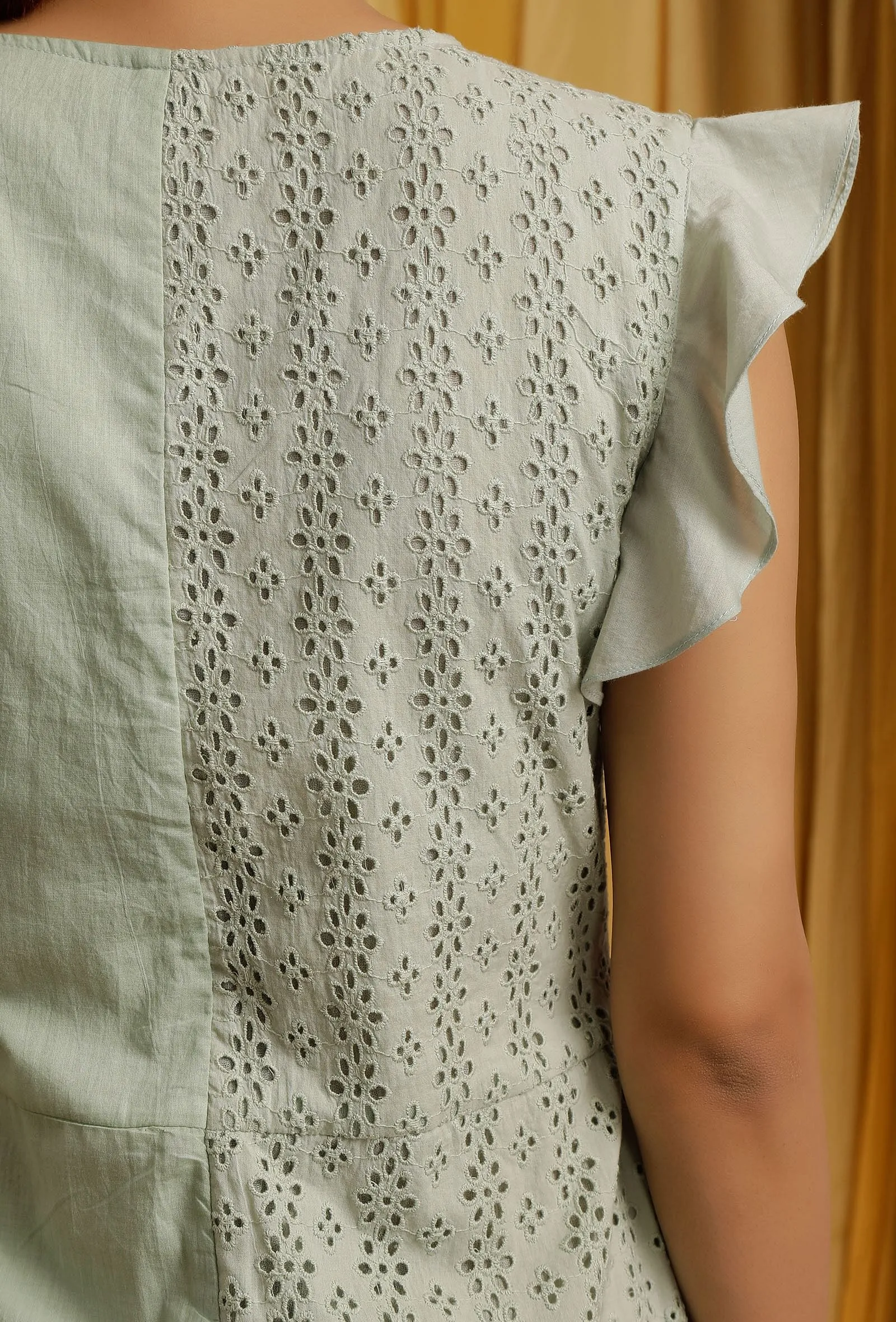 Pista Green Cotton Schiffli Front Buttoned Skater Dress
