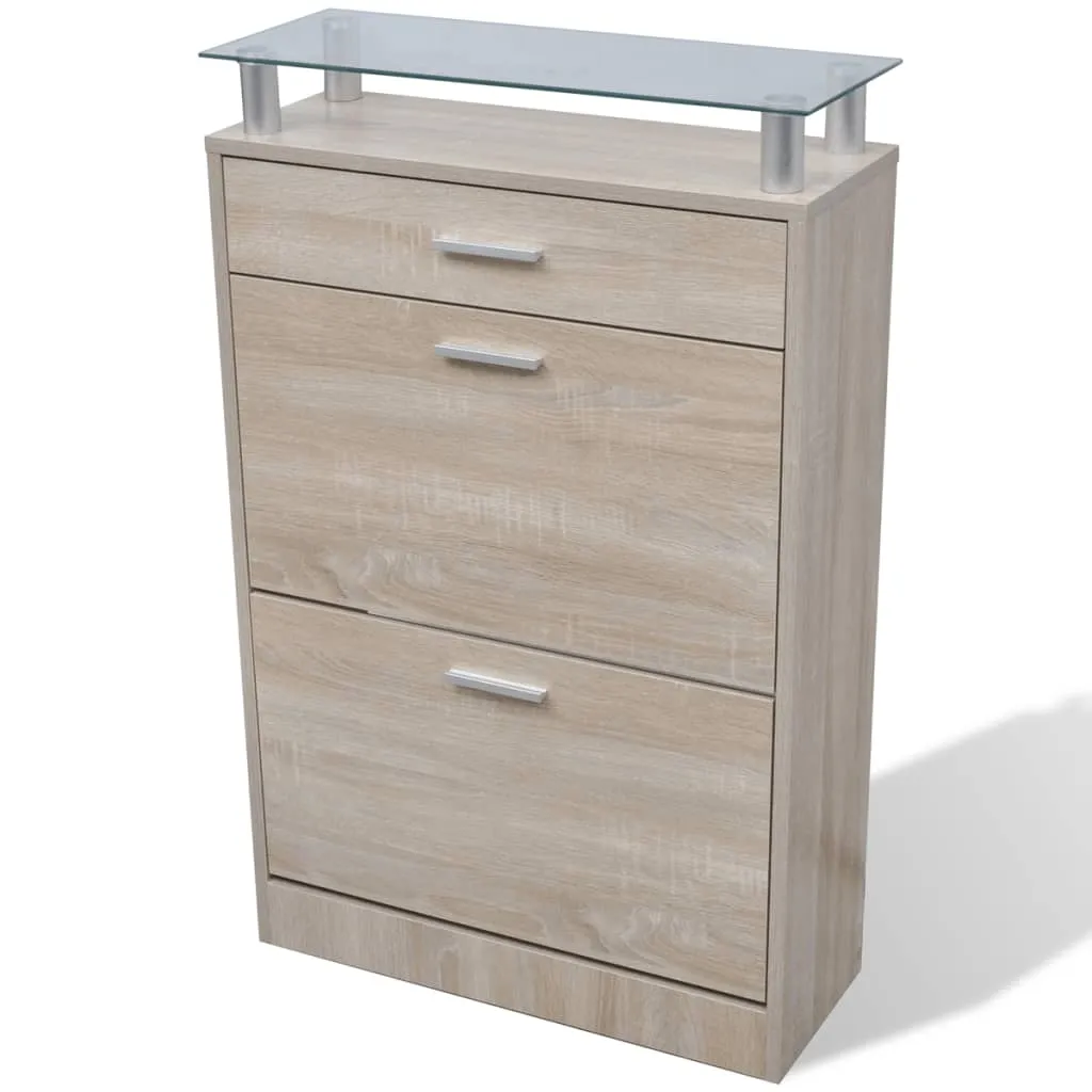 Shoe Cabinet with a Drawer and a Top Glass Shelf Wood Oak Look