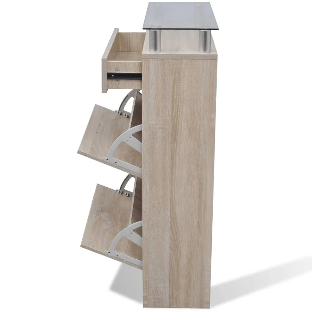Shoe Cabinet with a Drawer and a Top Glass Shelf Wood Oak Look