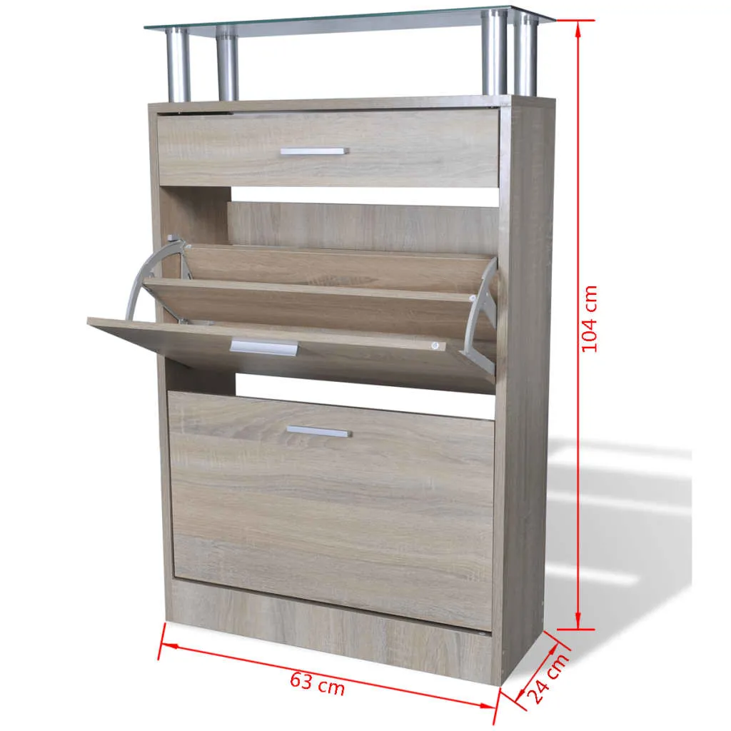 Shoe Cabinet with a Drawer and a Top Glass Shelf Wood Oak Look