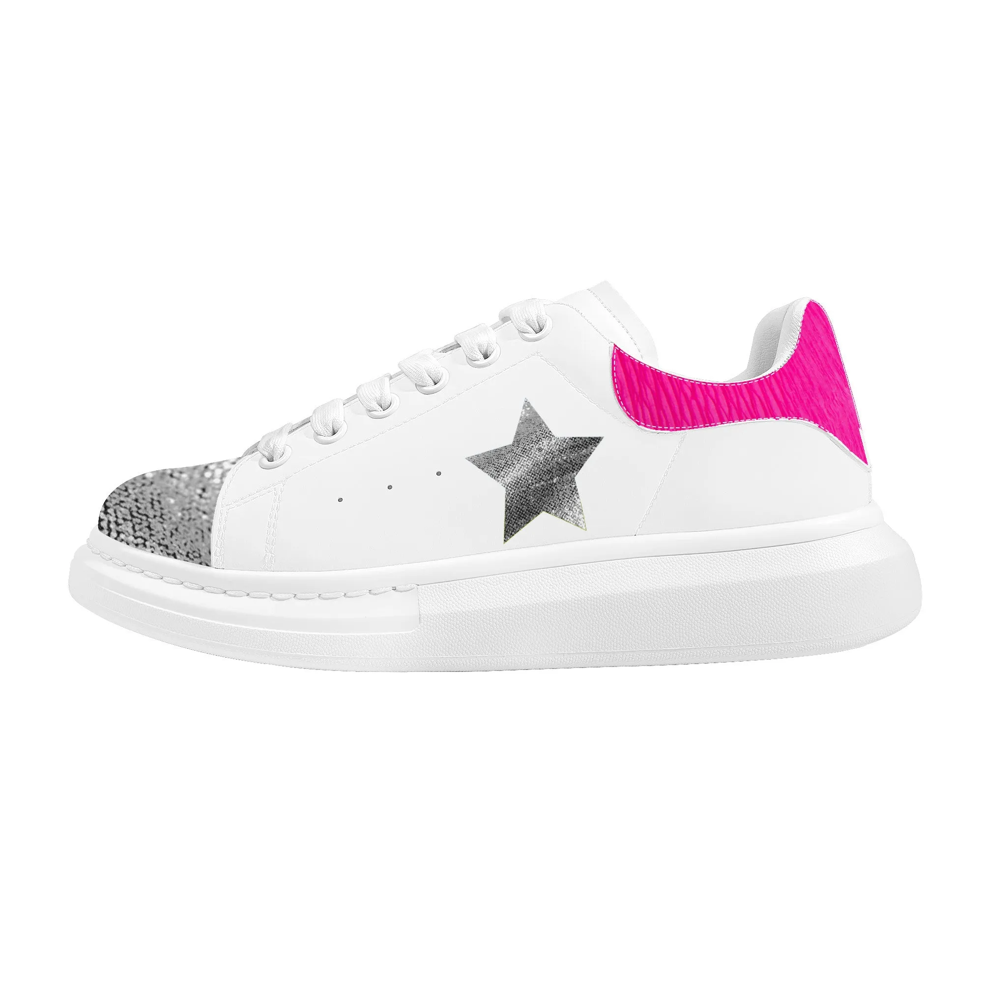 Silver Sequence Star with Pink Heel| Low Top Customized | Shoe Zero