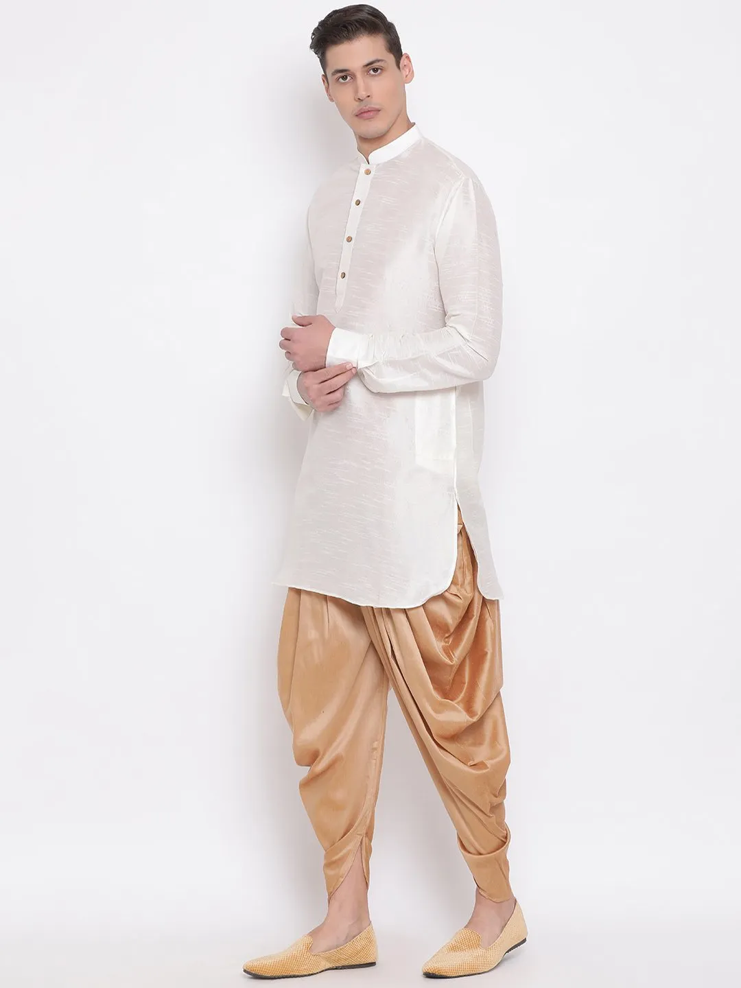 Vastramay Men's Cream Silk Kurta Dhoti