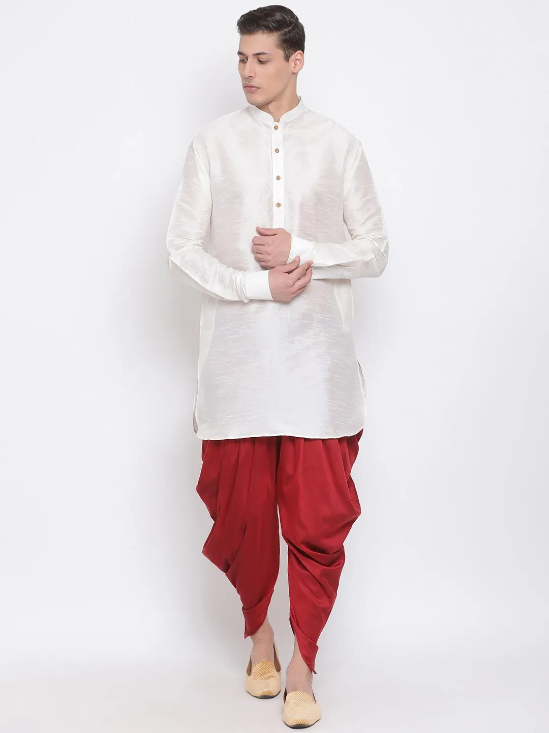 Vastramay Men's Cream Silk Kurta Dhoti