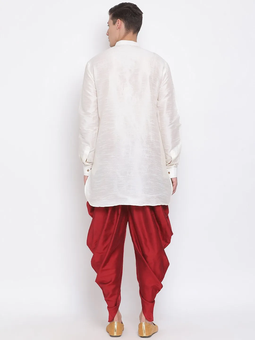 Vastramay Men's Cream Silk Kurta Dhoti