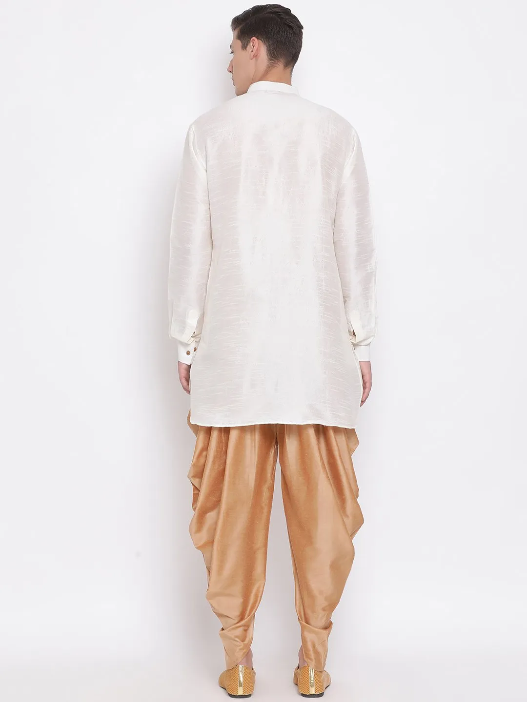 Vastramay Men's Cream Silk Kurta Dhoti