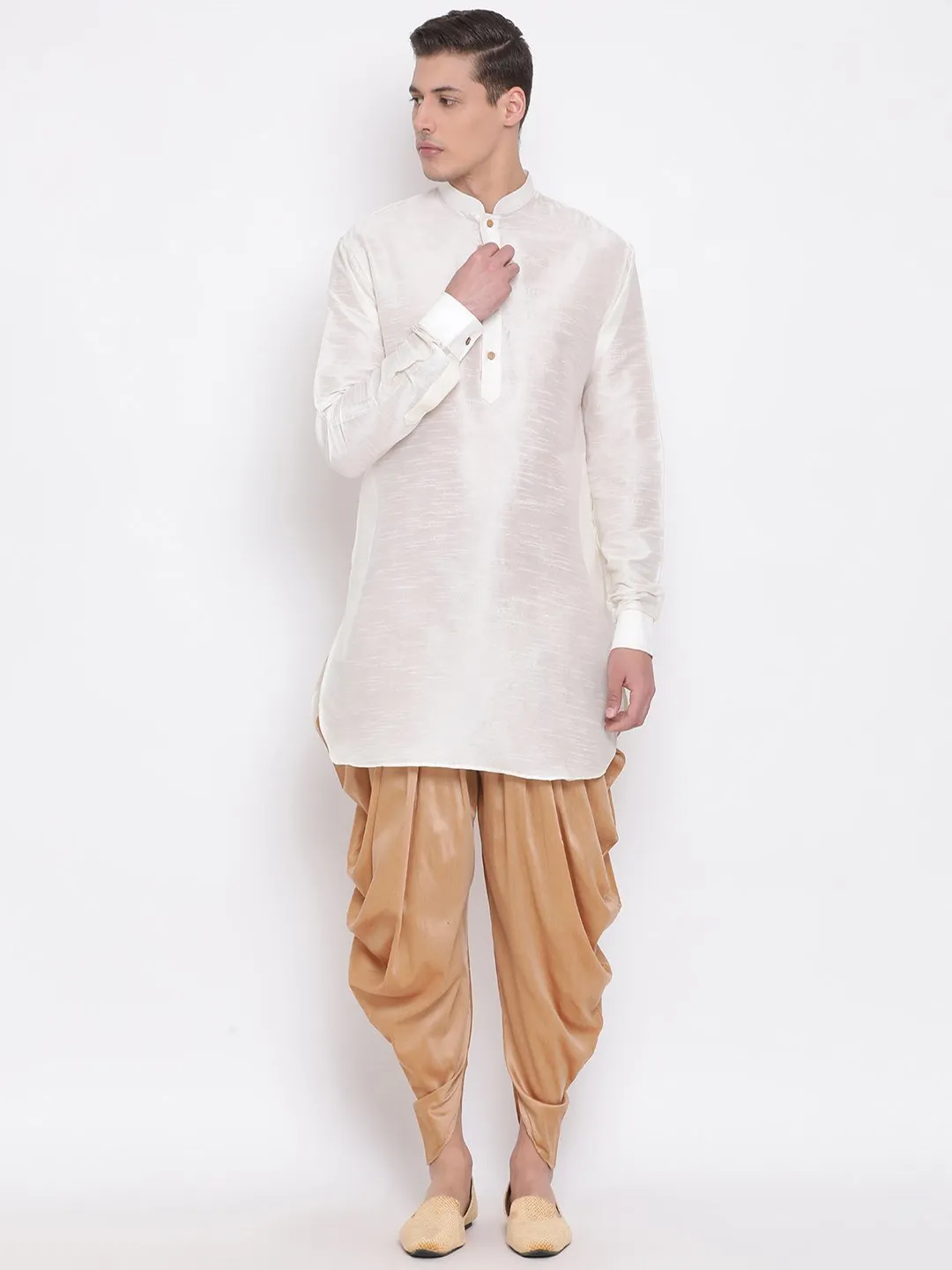 Vastramay Men's Cream Silk Kurta Dhoti