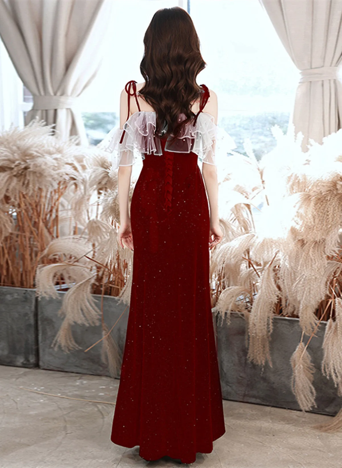 Wine Red Velvet Strapes Long Party Dress with Leg Slit, Wine Red Prom Dress