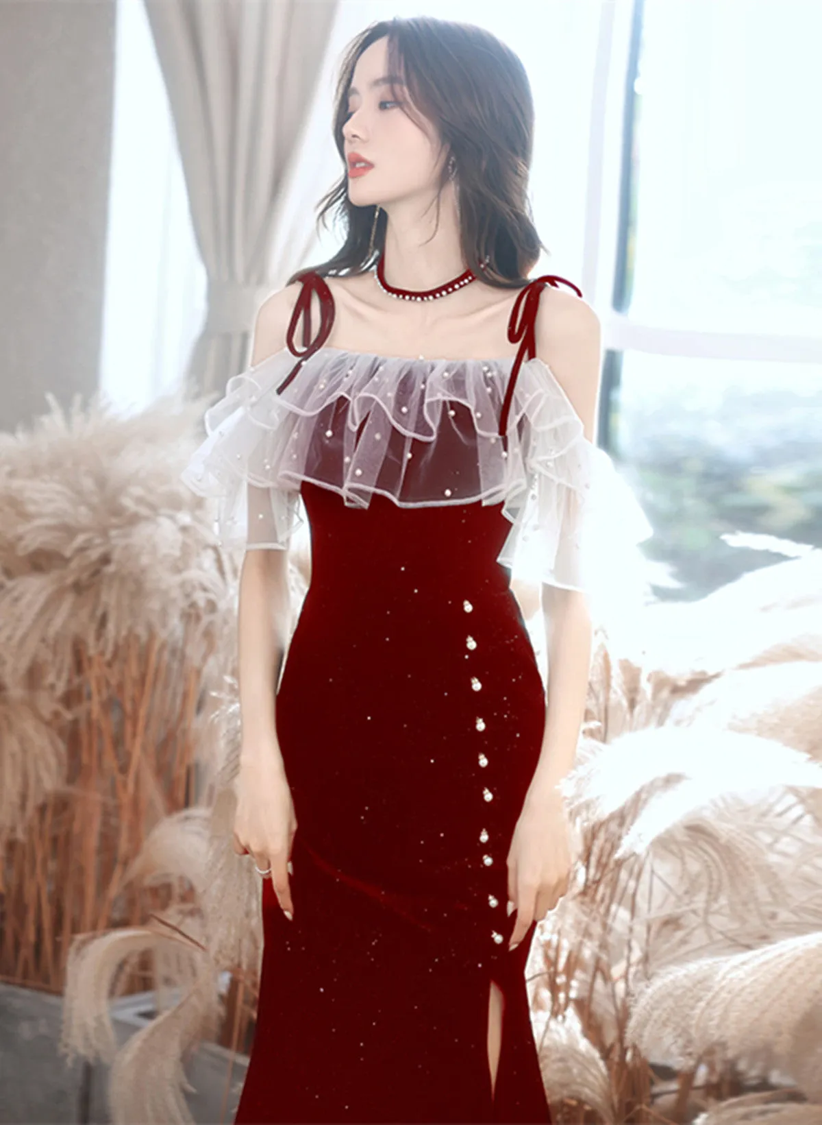 Wine Red Velvet Strapes Long Party Dress with Leg Slit, Wine Red Prom Dress