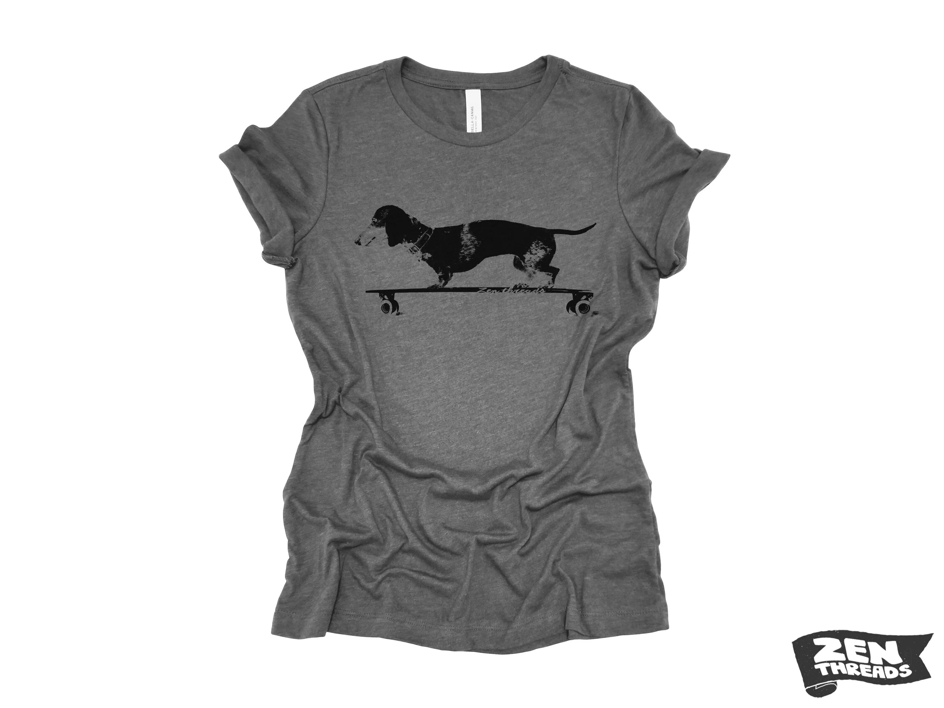 Womens Longboard DACHSHUND T Shirt eco soft printed (  Colors Available) custom ladies relaxed crew tee doxie dog skating skateboard funny