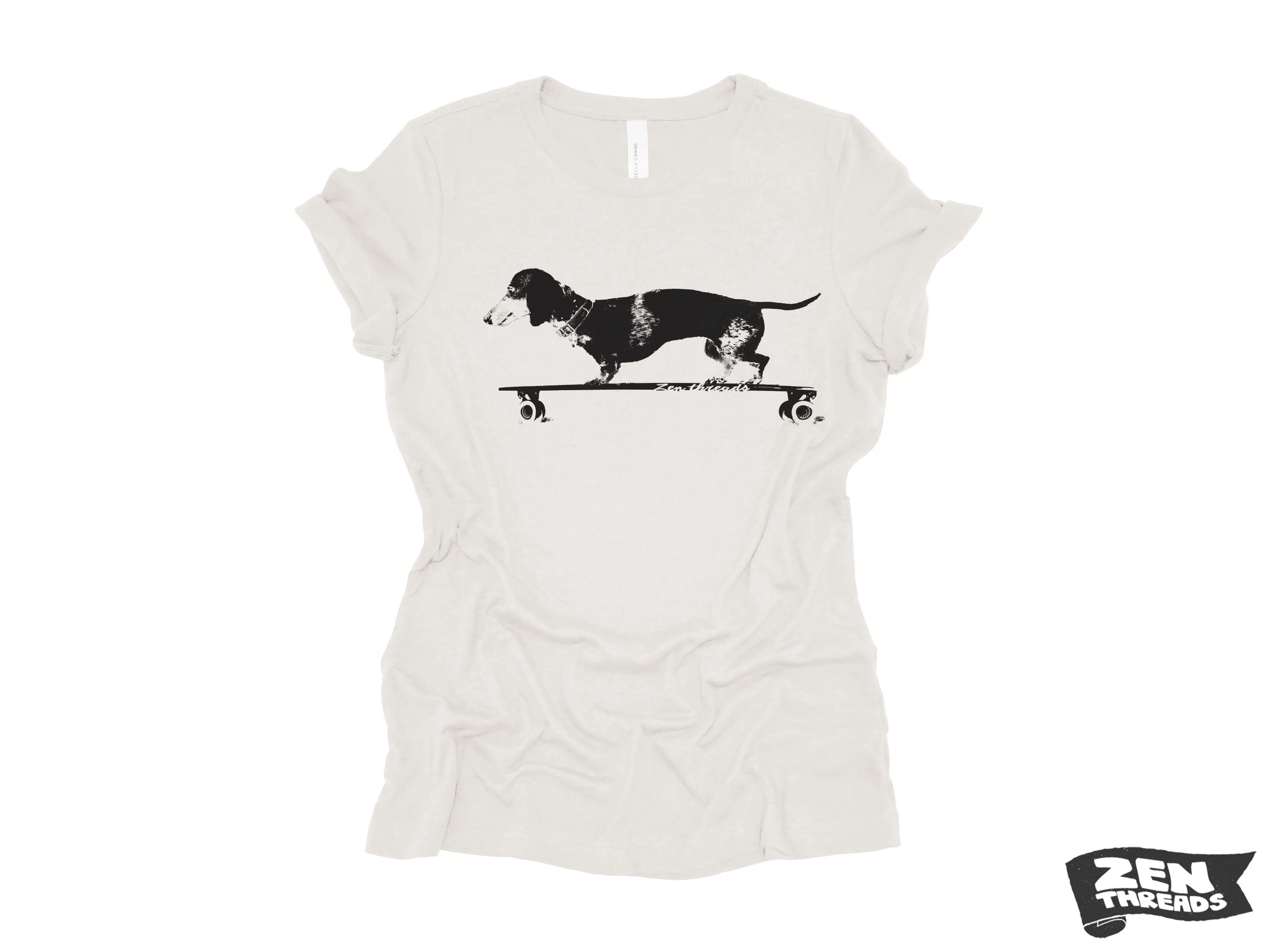 Womens Longboard DACHSHUND T Shirt eco soft printed (  Colors Available) custom ladies relaxed crew tee doxie dog skating skateboard funny