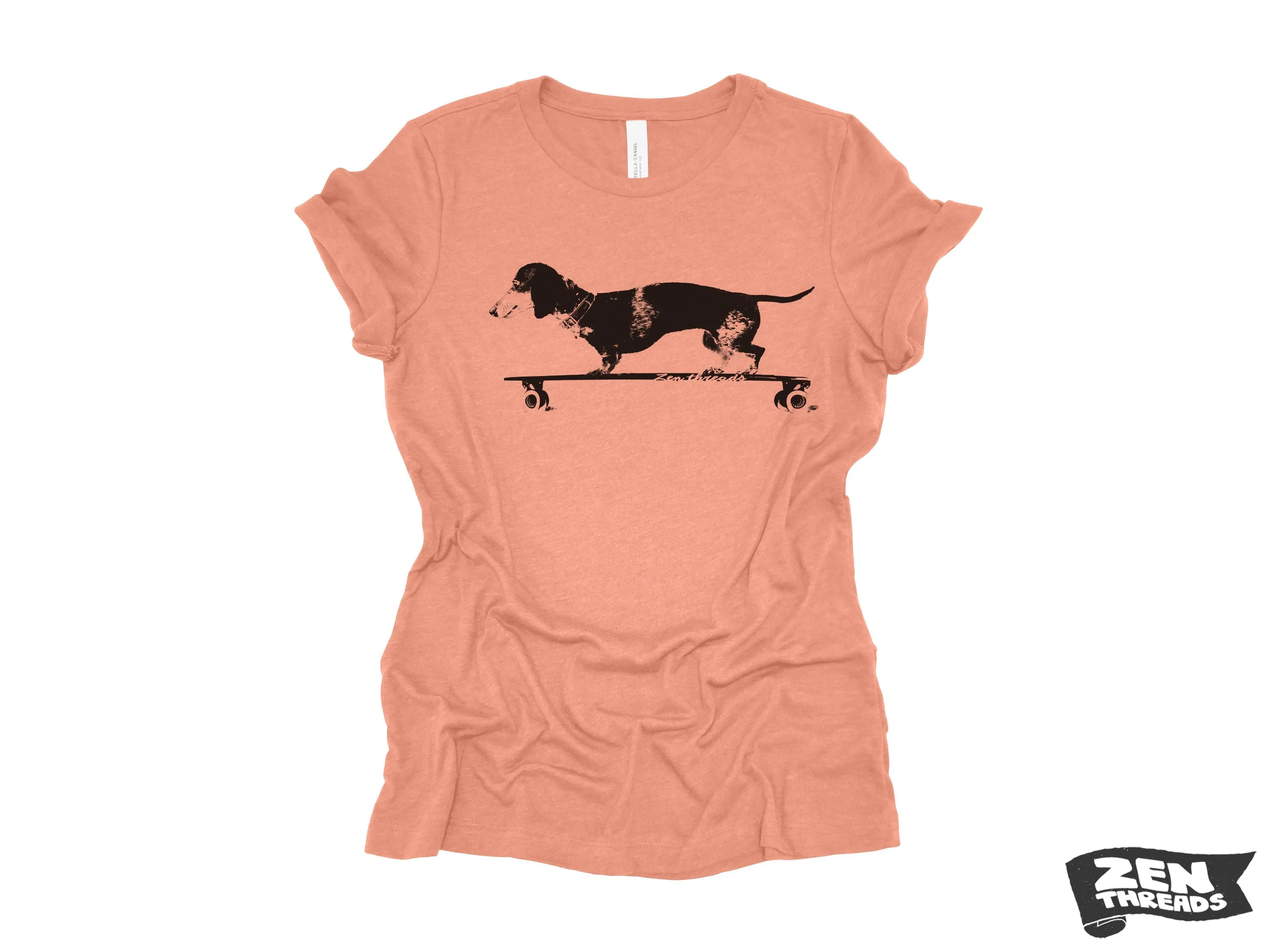 Womens Longboard DACHSHUND T Shirt eco soft printed (  Colors Available) custom ladies relaxed crew tee doxie dog skating skateboard funny
