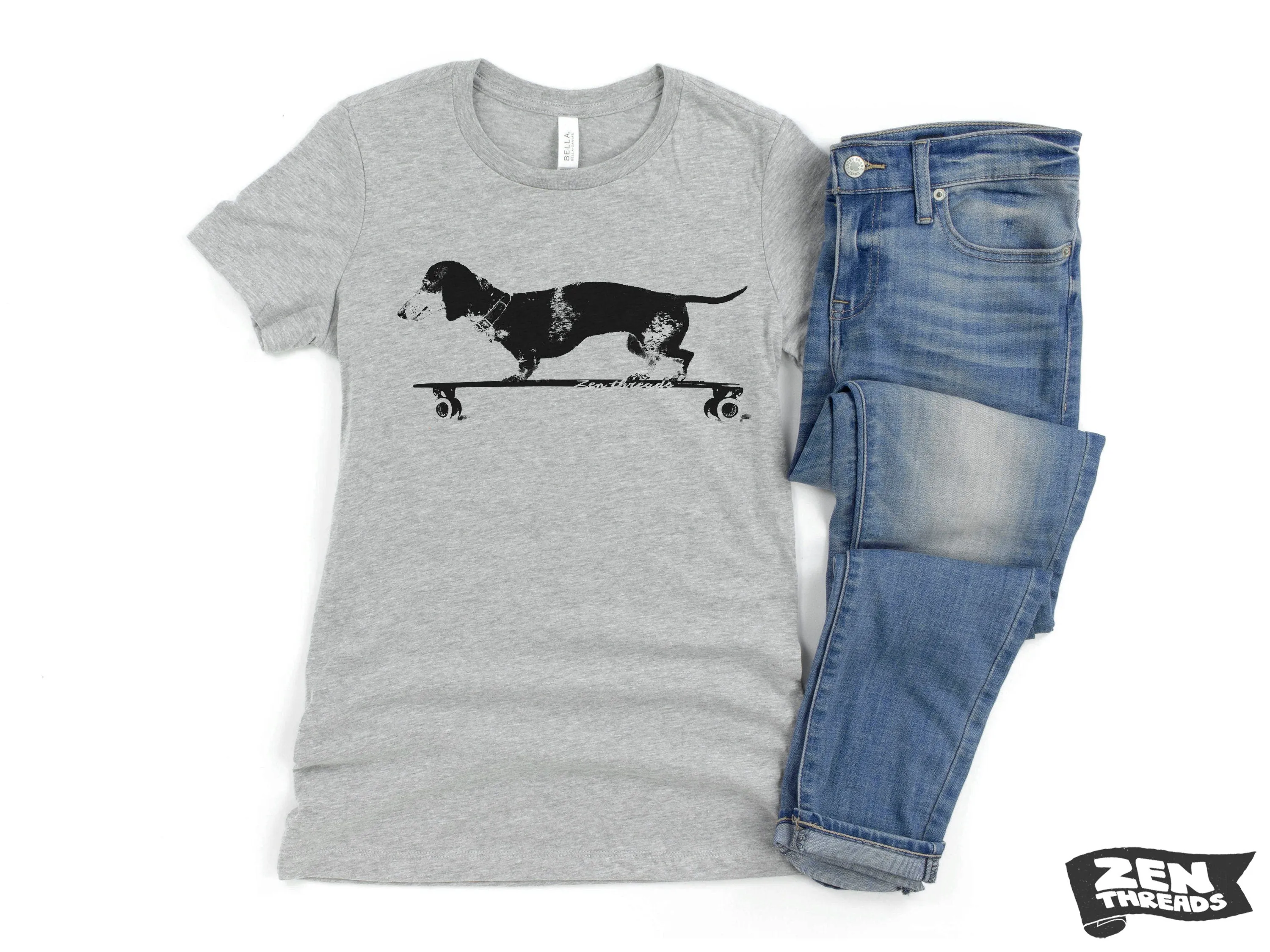 Womens Longboard DACHSHUND T Shirt eco soft printed (  Colors Available) custom ladies relaxed crew tee doxie dog skating skateboard funny