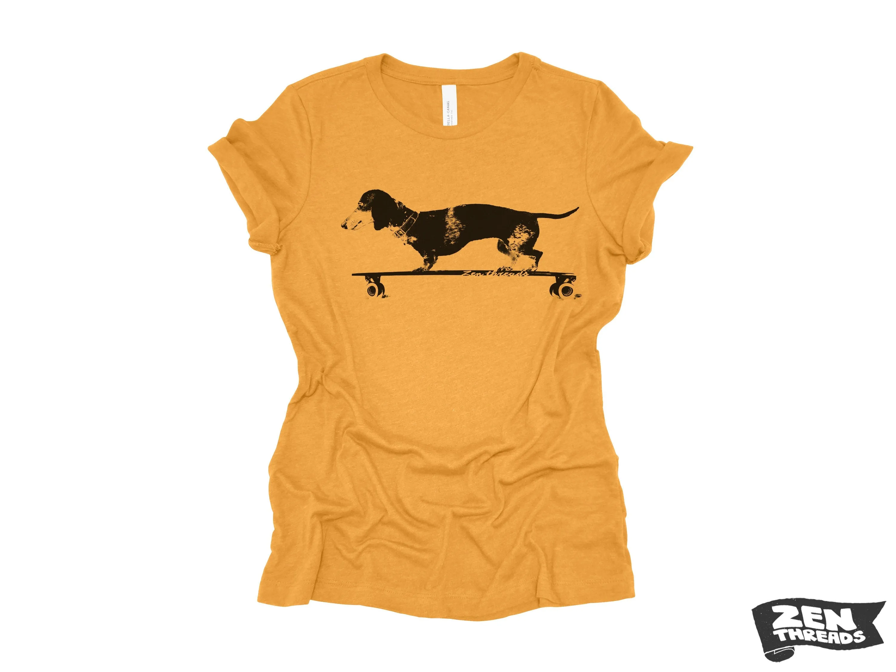 Womens Longboard DACHSHUND T Shirt eco soft printed (  Colors Available) custom ladies relaxed crew tee doxie dog skating skateboard funny