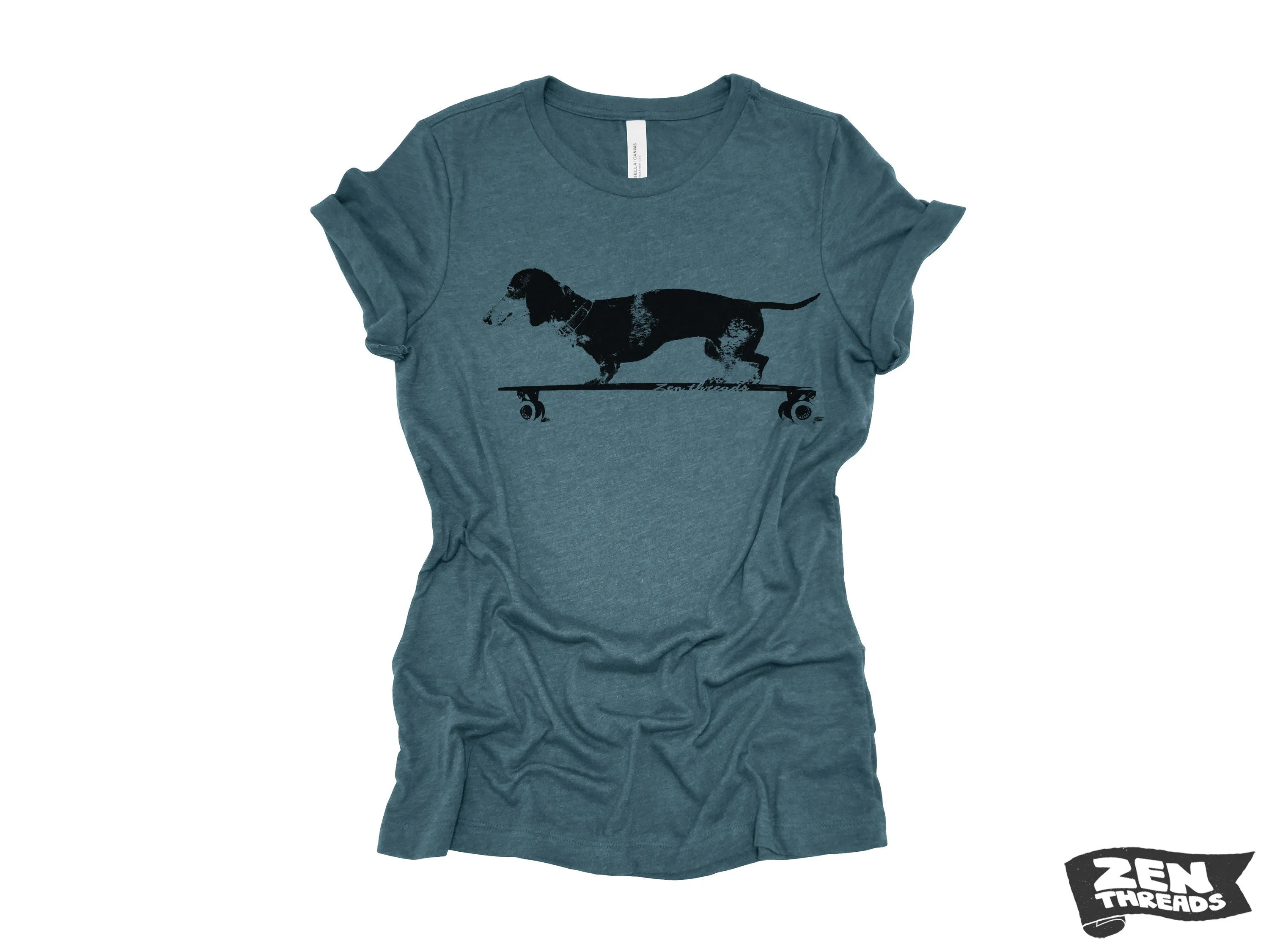 Womens Longboard DACHSHUND T Shirt eco soft printed (  Colors Available) custom ladies relaxed crew tee doxie dog skating skateboard funny