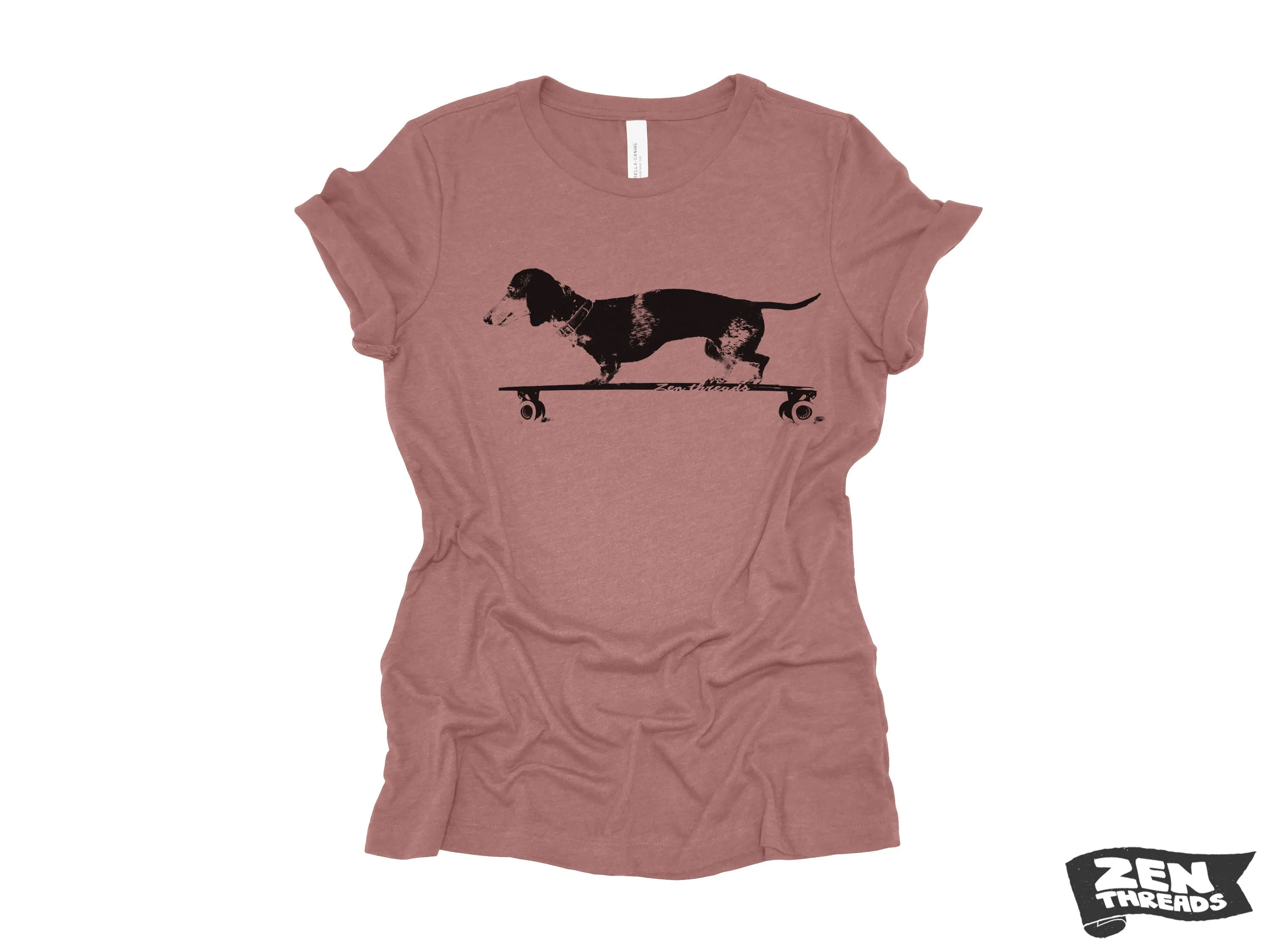 Womens Longboard DACHSHUND T Shirt eco soft printed (  Colors Available) custom ladies relaxed crew tee doxie dog skating skateboard funny