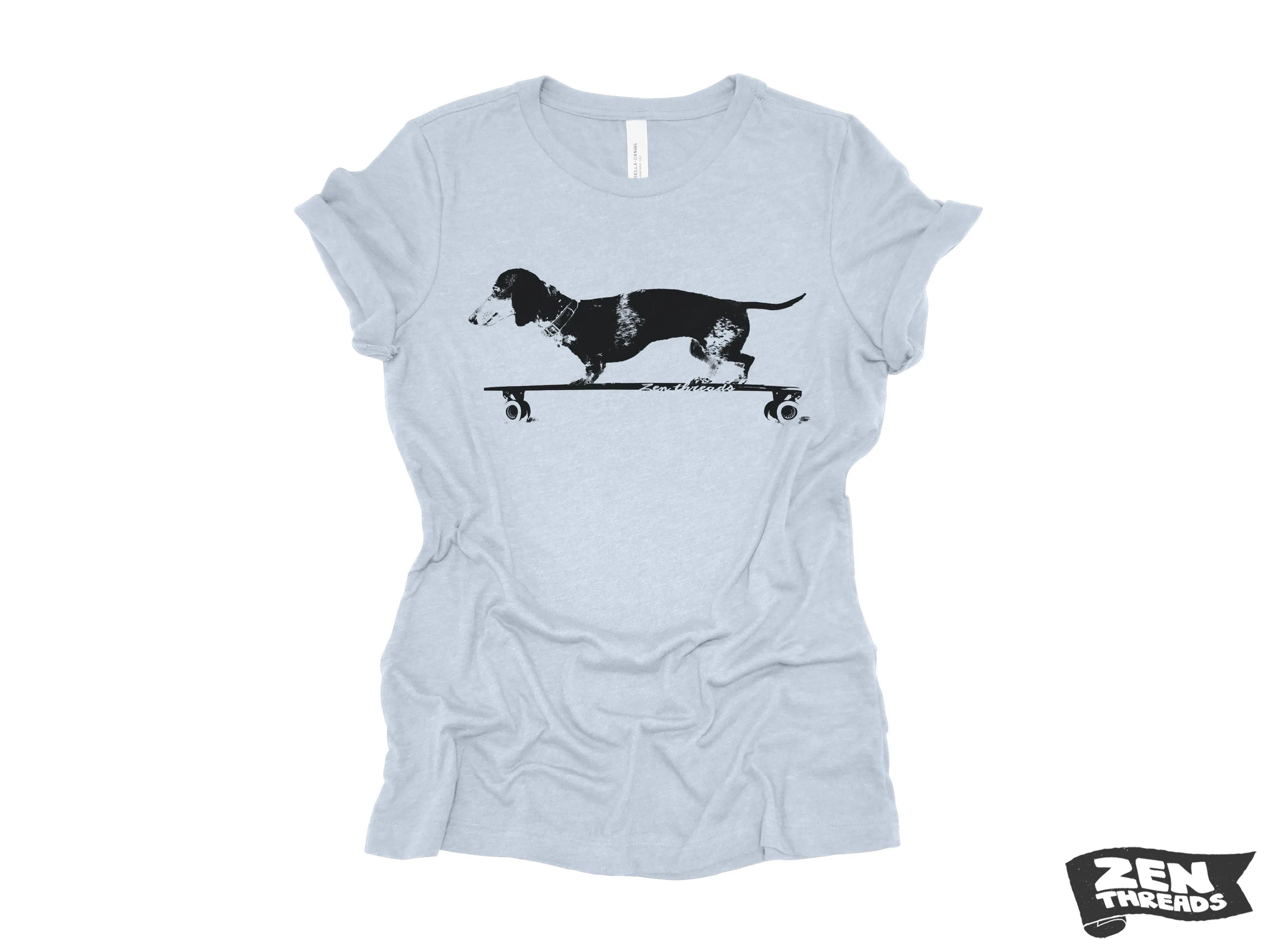 Womens Longboard DACHSHUND T Shirt eco soft printed (  Colors Available) custom ladies relaxed crew tee doxie dog skating skateboard funny